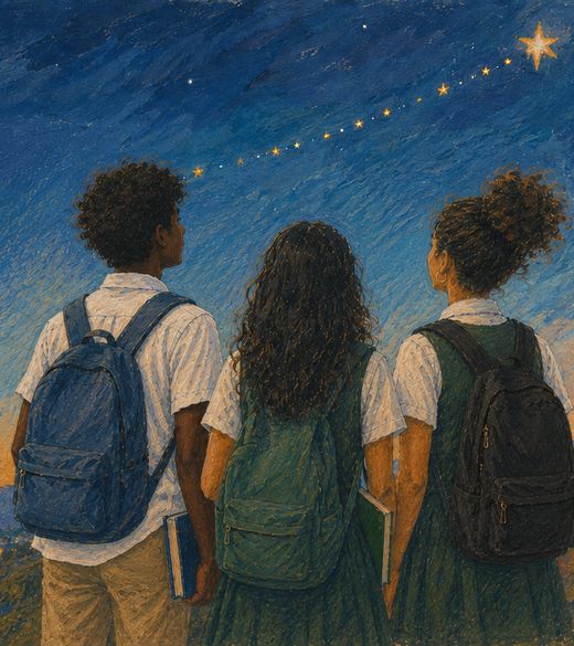 Three Guyanese students in school uniform, looking out over a lit coastal town at dusk toward a bright golden star.